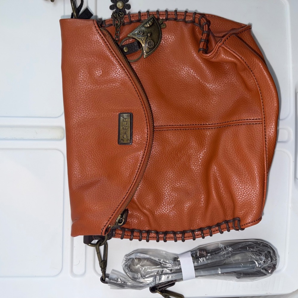 Chala Foldover Crossbody Bag Orange Vegan Leather Owl Whipstitch Boho Large